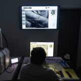 A person examines plant parts with a scanning electron microscope