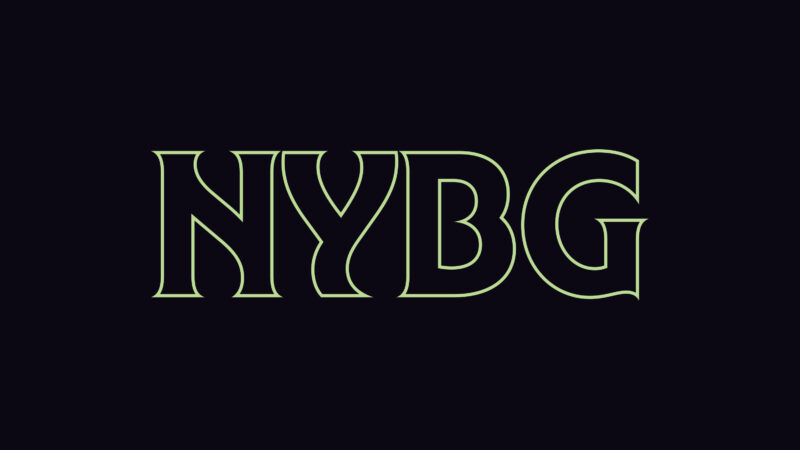 A neon green logo that reads "NYBG," layered over a black background