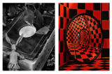 Two artworks side-by-side, one depicting a rabbit about to leap into a hole, the other a checkered red and black room with a round mirror in the center