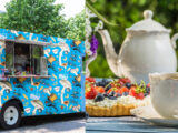 Juxtaposed images of a blue food truck and a colorful tea setting