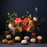 A still life of a pink and yellow rose arrangement under which are arranged a number of colorful soaps