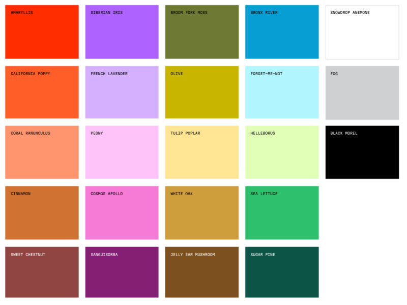 A grid depicting Pantone colors representing mushrooms, plants, and other organic materials