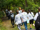 a group of people walk down a path surrounded by trees in long sleeved grey t-shirts