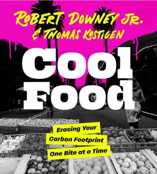 The cover of a book entitled Cool Food, with a graphic of a city and a pink sky.