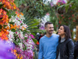 Two people explore a flower show featuring orange and white blooms