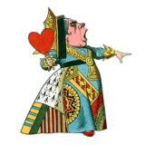 Graphic illustration of the Queen of Hearts from Alice in Wonderland. Mouth is open wide and hand is outstretched with finger pointing, with the other hand holding a red heart.