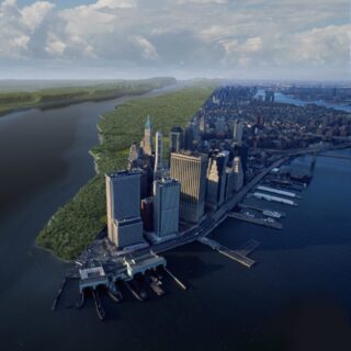 A split screen aerial rendering of Manhattan, with one half illustrating the imagined historical ecology and the other half as the modern NYC landscape.
