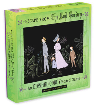 A green boardgame box depicting Victorian character illustrations on the front