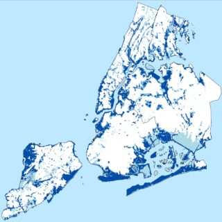 A map of NYBG's defined Blue Zones, or areas where it flooded in the past, where it currently floods, and where it's predicted to flood in the future.