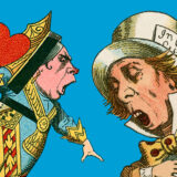 an artist drawing of the Queen of Hearts pointing to the Mad Hatter from Alice's Adventures in Wonderland