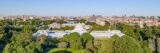 Distant aerial shot of conservatory building and treetops with blue sky above