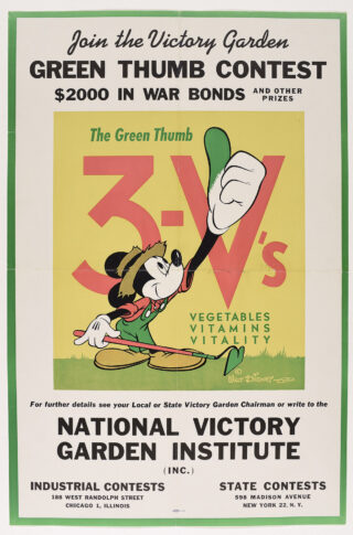 A green, yellow, and red poster depicting Mickey Mouse and the words "Green Thumb Contest"