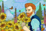 An illustration of a person with red hair and a beard holding yellow sunflowers