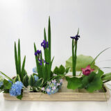 A floral arrangement of green foliage and blue and purple flowers sitting in a low clay dish