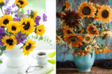 Two images of bright yellow flowers in vases