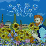 An illustration of a red-haired person standing among a field of yellow flowers at night, with stars swirling overhead
