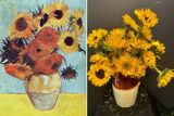 A painting of yellow flowers in a vase juxtaposed with the real-life bouquet it's based on
