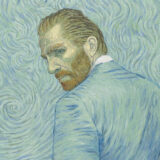 A painting of a person with red hair and a red beard, wearing a blue suit that matches the background