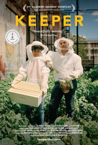 Two people in beekeeper outfits pose for the cover of a movie poster labeled "Keeper"