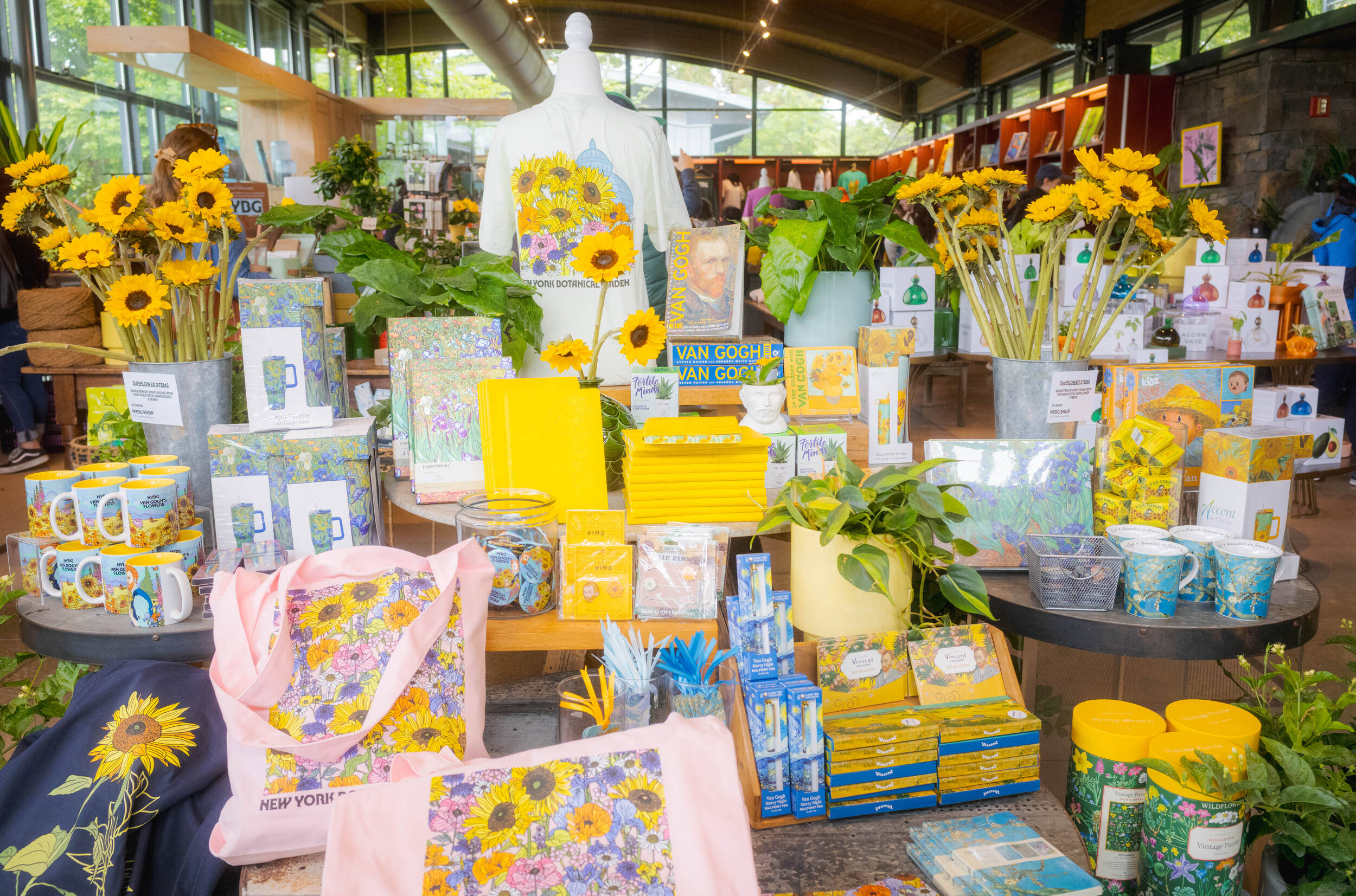 An arrangement of items in a sunflower theme, shown in a shop