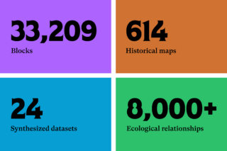 An infographic with four colored squares depicting different stats about the Welikia Map Explorer.
