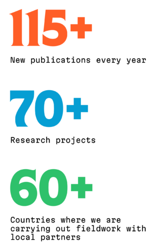 An infographic showing NYBG's number of new publications every year, research projects, and countries where we are carrying out fieldwork with local partners.