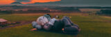 A large humanoid sculpture lies prone in a green field
