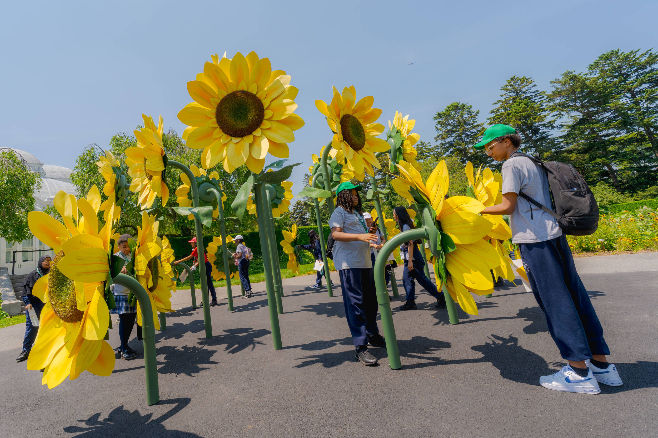 Students explore an outdoor collection of enormous yellow flower sculptures