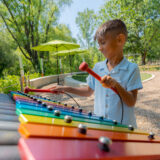 A child plays a colorful xylophone outdoors