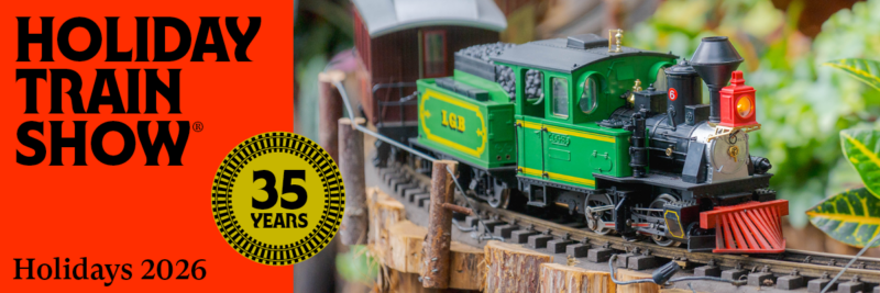 An image of a green model train with the words "Holiday Train Show 35 Years"