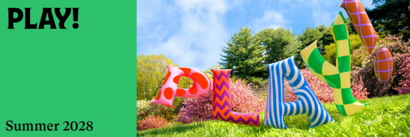 An image of the word "PLAY!" spelled out in colorful mylar balloons in a sunny garden setting