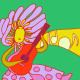 A purple, orange, yellow, and green illustration of an anthropomorphic flower playing an acoustic guitar