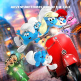 An illustration of smurfs on a scooter