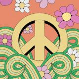 An illustration of a yellow peace sign surrounded by colorful flowers