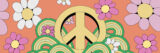 A yellow peace sign among illustrations of flowers and green vines