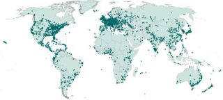 A map of the world with lots of blue dots on the continents to indicate the locations of botanic gardens.