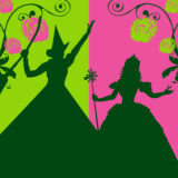 A green, black, and pink graphic depicting two witches