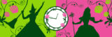 A pink and green graphic depicting two witches