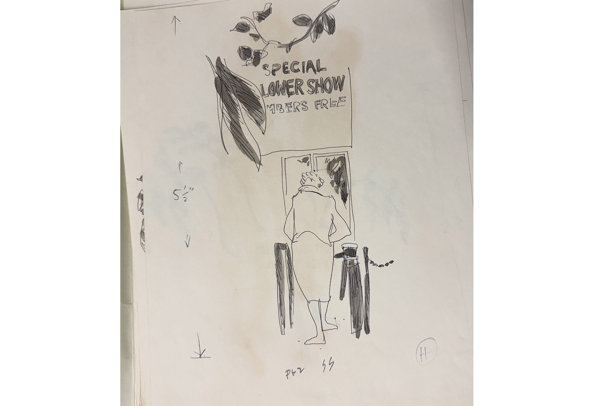An illustration of a person walking through a doorway in graphite on white paper