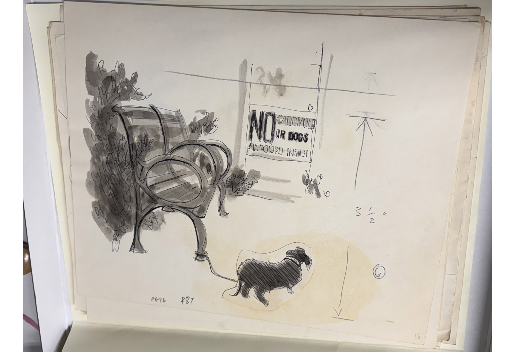 An illustration in black graphite of a small dog leashed to a bench