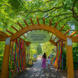 A parent and child walk through a yellow gate into a forested children's play area