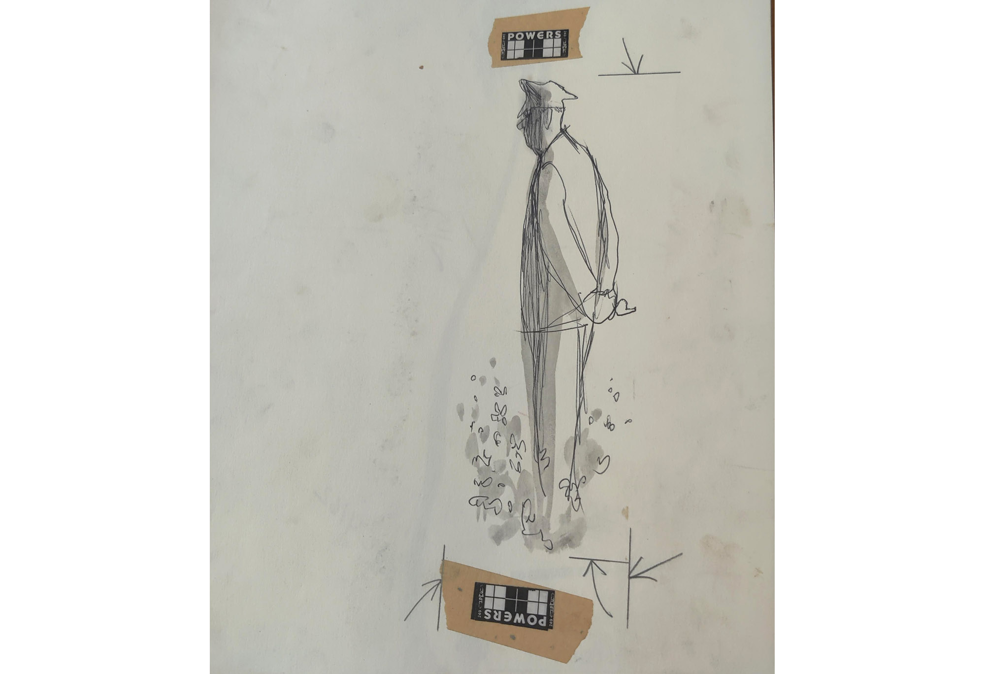 A black and white illustration of a security guard with their hands clasped behind their back