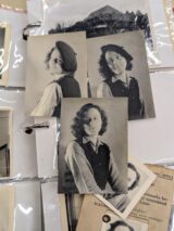 A collection of black and white photos of a person in a white shirt, with dark hair, wearing a dark beret
