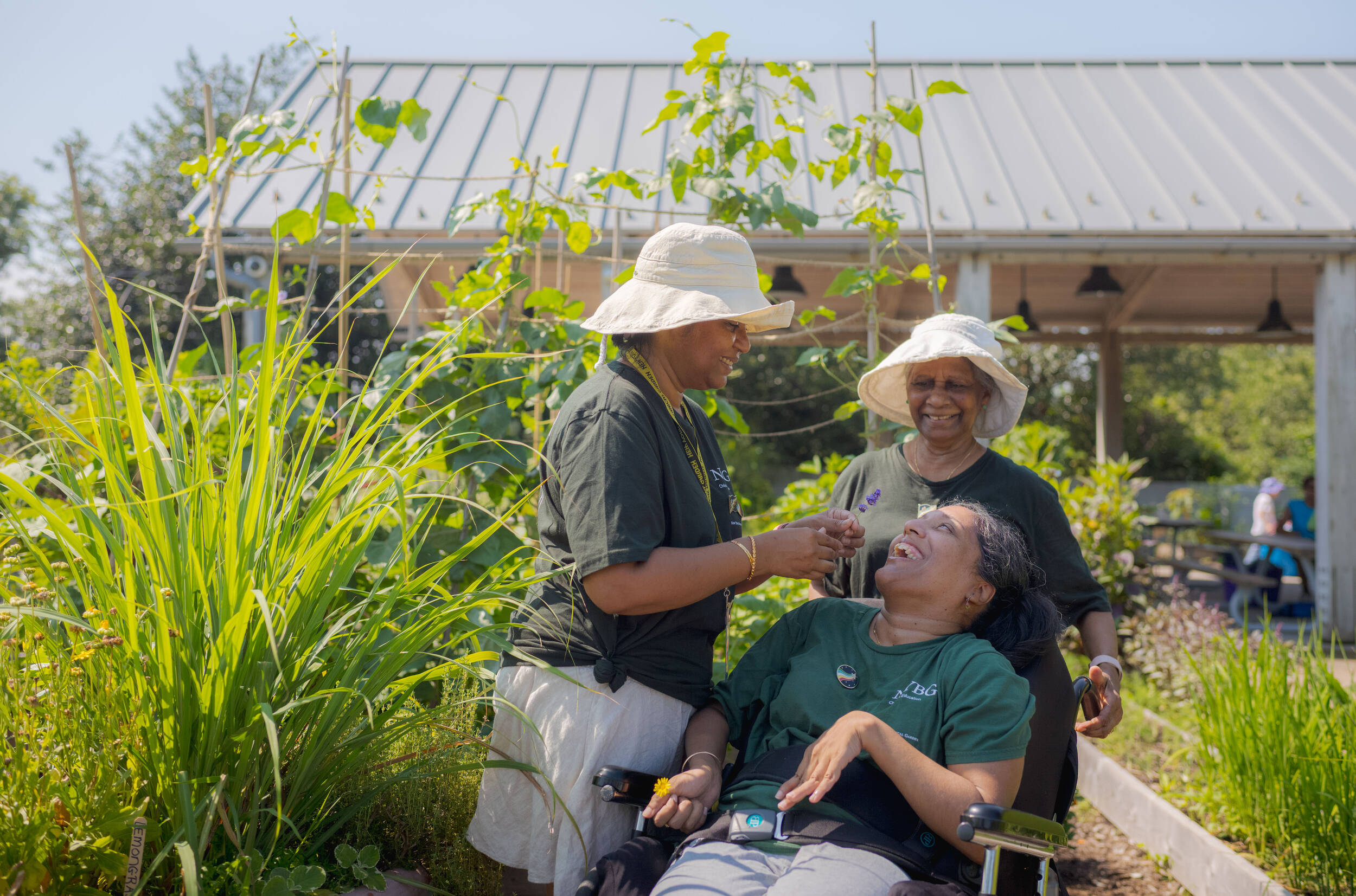 Lakshmee, Pearly (mom), and Annie share a lighthearted moment while gardening, surrounded by tall green plants. Lakshmee and Pearly, in sun hats and matching green shirts, smile warmly as they lean toward Annie, who laughs joyfully. Lakshmee holds herbs for Annie to smell, capturing love, care, and a sense of belonging in the garden.