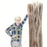 An illustration of a person in a plaid shirt leaning against a brown tree trunk