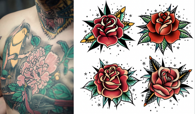 Juxtaposed images of a person with a pink flower tattoo on their chest, next to four red and green tattoo illustrations of rose flowers
