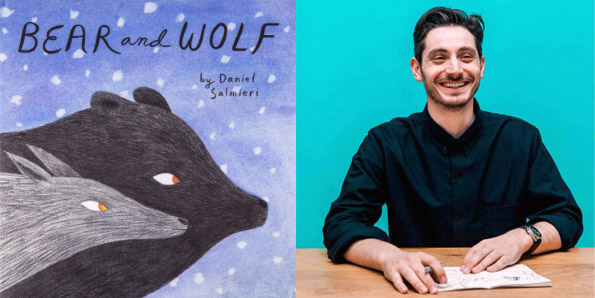 An illustrated children's book cover depicting a bear and wolf, juxtaposed with an author photo of a person in a dark shirt sitting in front of a seafoam green wall
