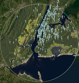 An aerial map of New York City and surroundings