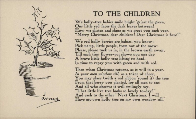 A black and white illustration of a potted plant accompanied by a poem