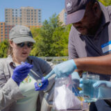 Two people in hats and latex gloves perform a water quality test with jars and eye droppers